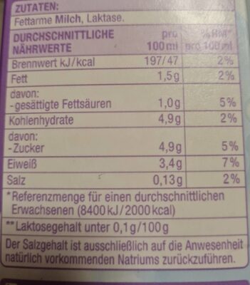 Laktosefreie H-Milch, 1,5% Fett - Nährwertangaben