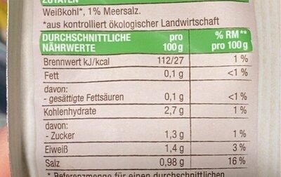 Sauerkraut, pasteurisiert - Voedingswaarden - ar
