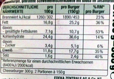 Cheeseburger - Información nutricional - de