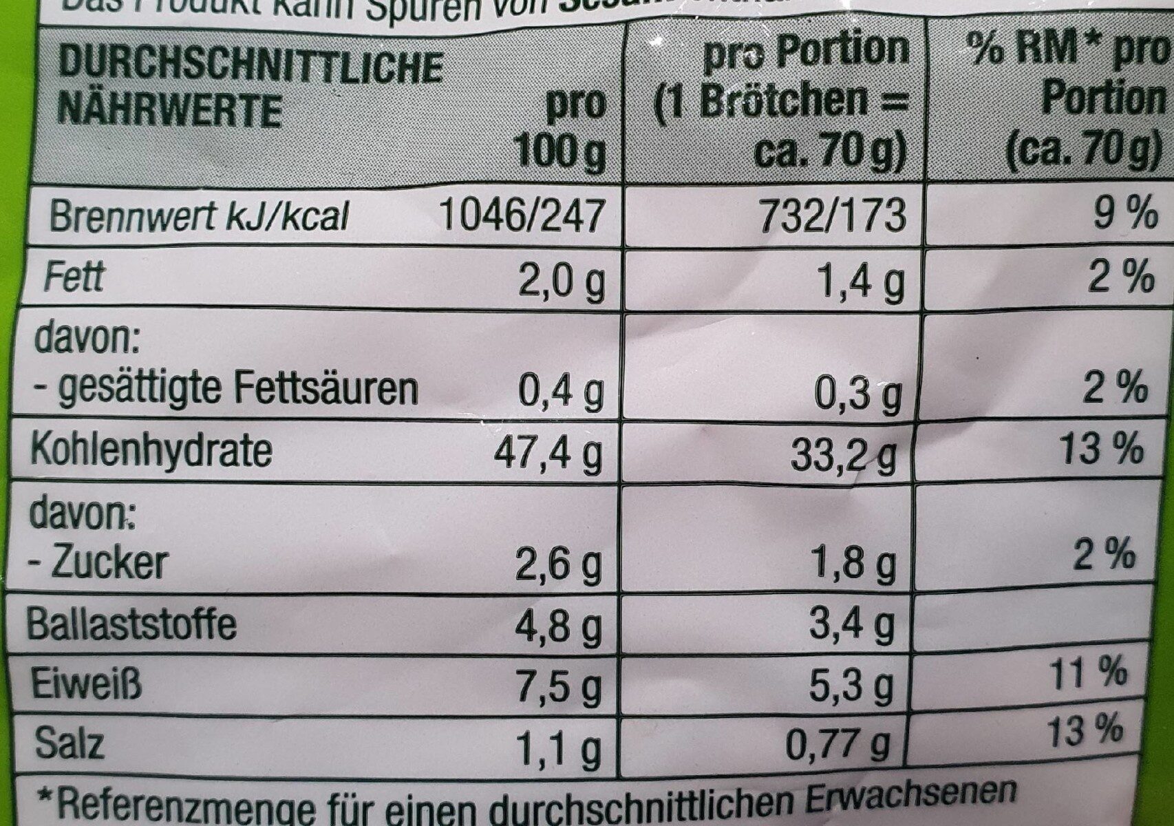 Roggenbrötchen - Nutrition facts - de