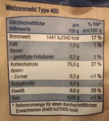 Mehl - Weizenmehl Typ 405 - حقائق غذائية - de