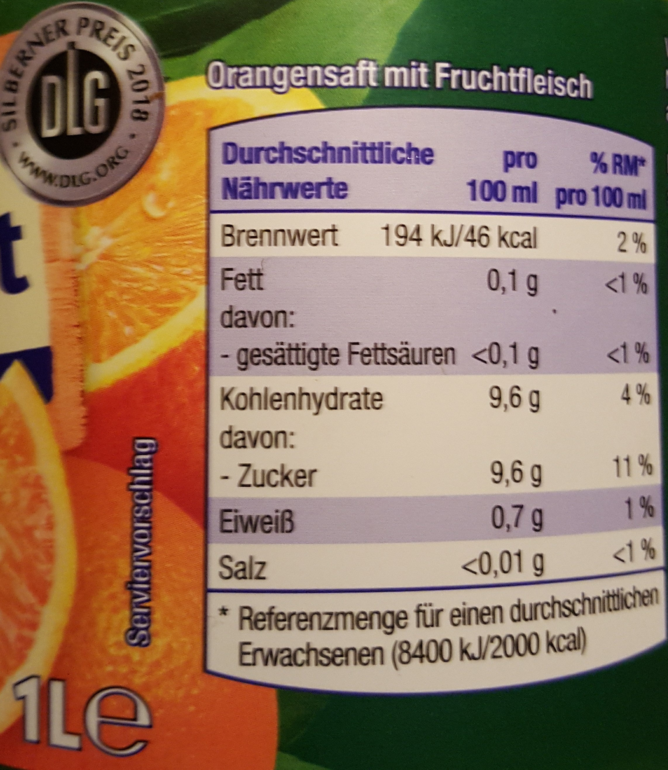 Fruchtstern - Orange 100% Direktsaft Mit Fruchtfleisch - Información nutricional - de