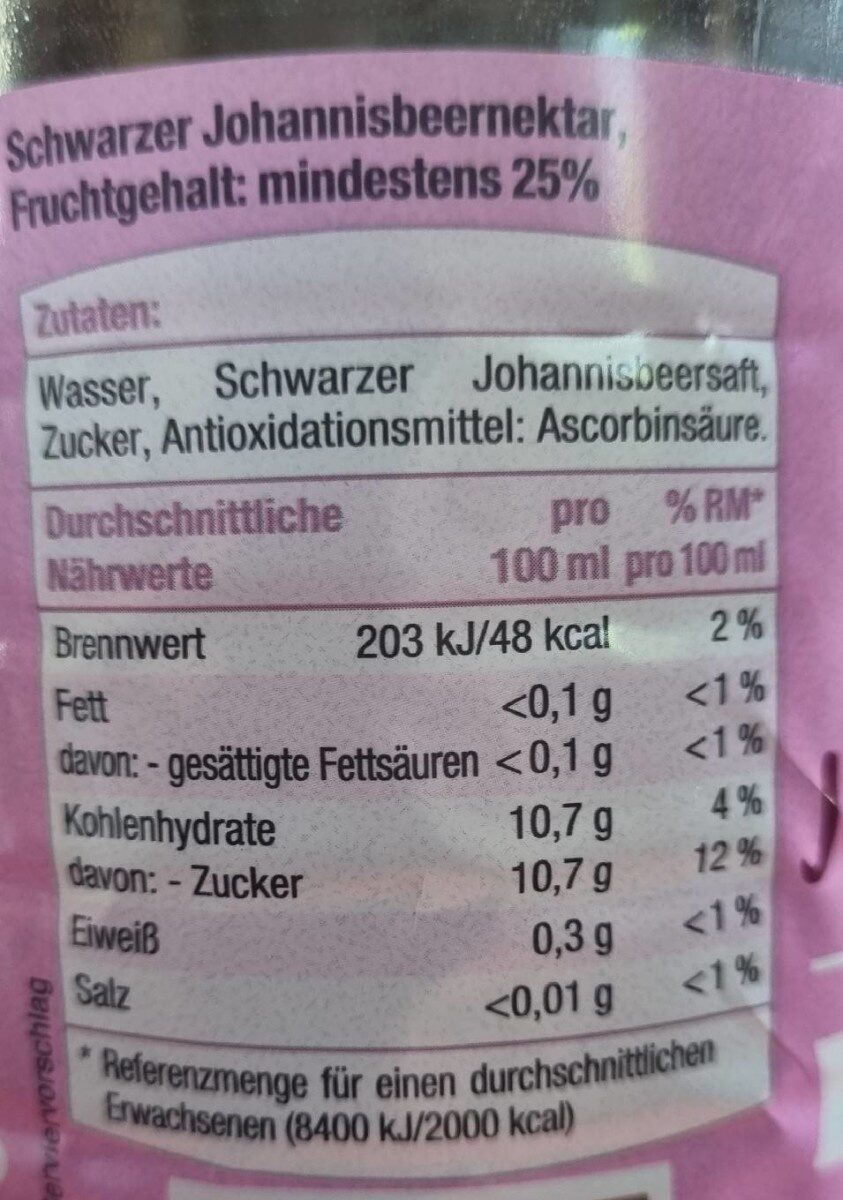 Schwarzer Johannisbeernektar - Información nutricional - de