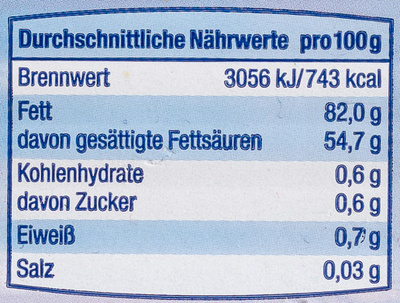 Deutsche Markenbutter Süßrahm - Nährwertangaben