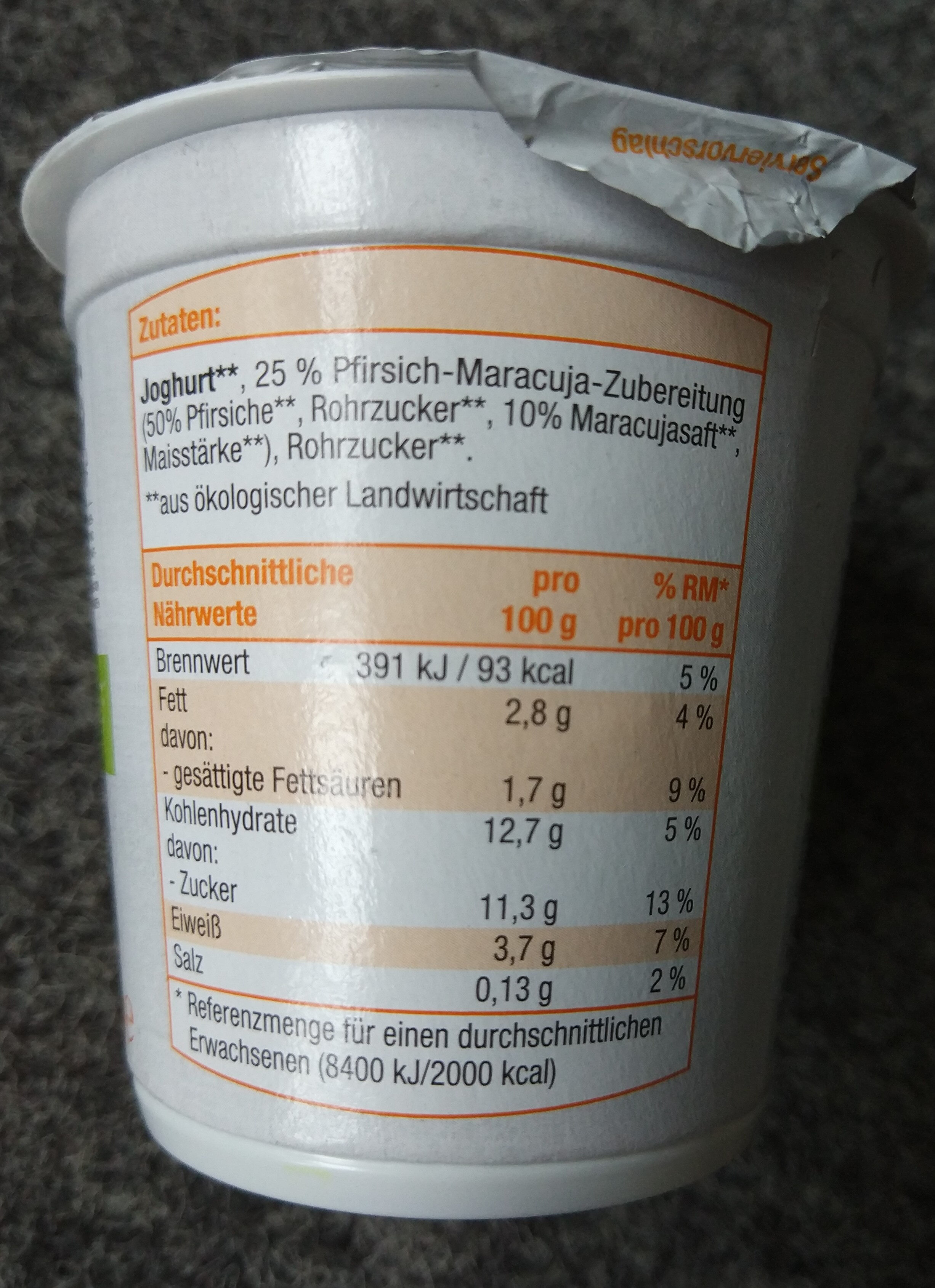 Fruchtjoghurt Pfirsich-Maracuja - Ingredientes - de