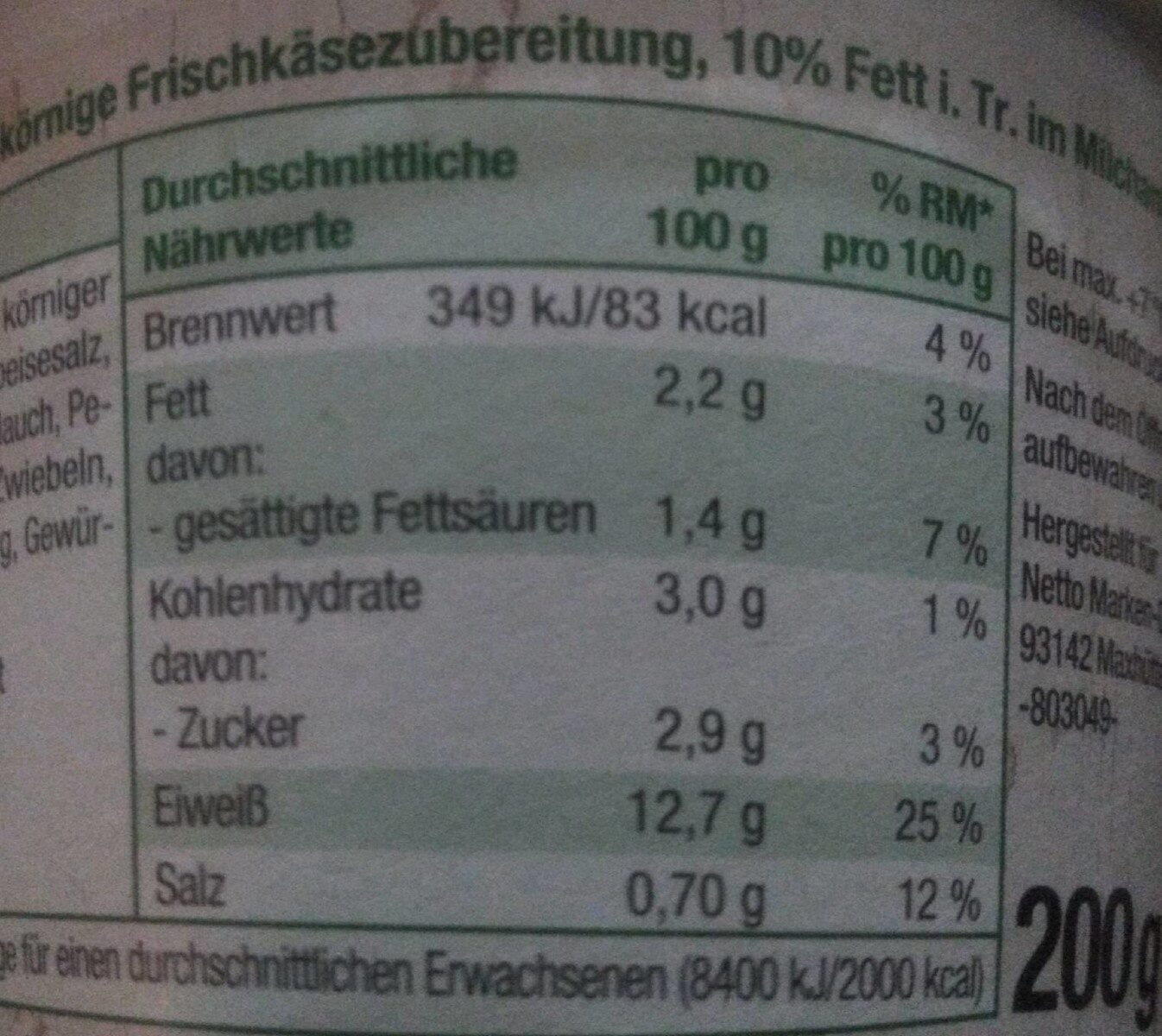 Körniger Frischkäse (Kräuter) - Nutrition facts - de
