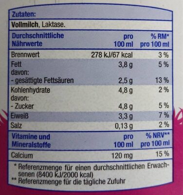 Frische Vollmilch Laktosefrei - Nutrition facts