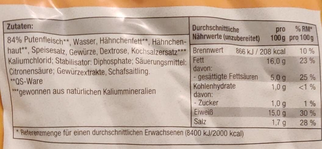 Geflugel Bratwurst - Nutrition facts - de