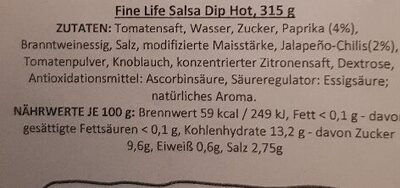 Liste des ingrédients du produit Salsa Dip Hot Fine Life 315g