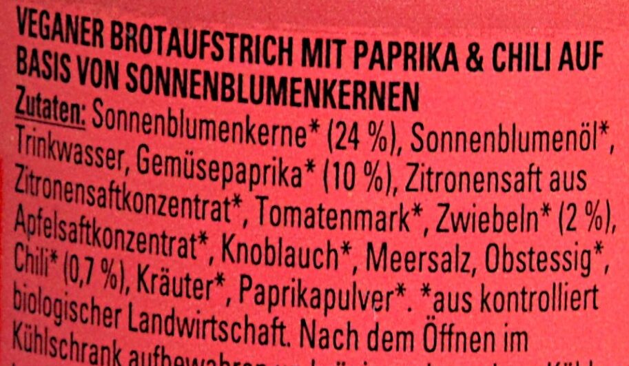 Hot Paprika Veganer Bio-Aufstrich - المكونات - de