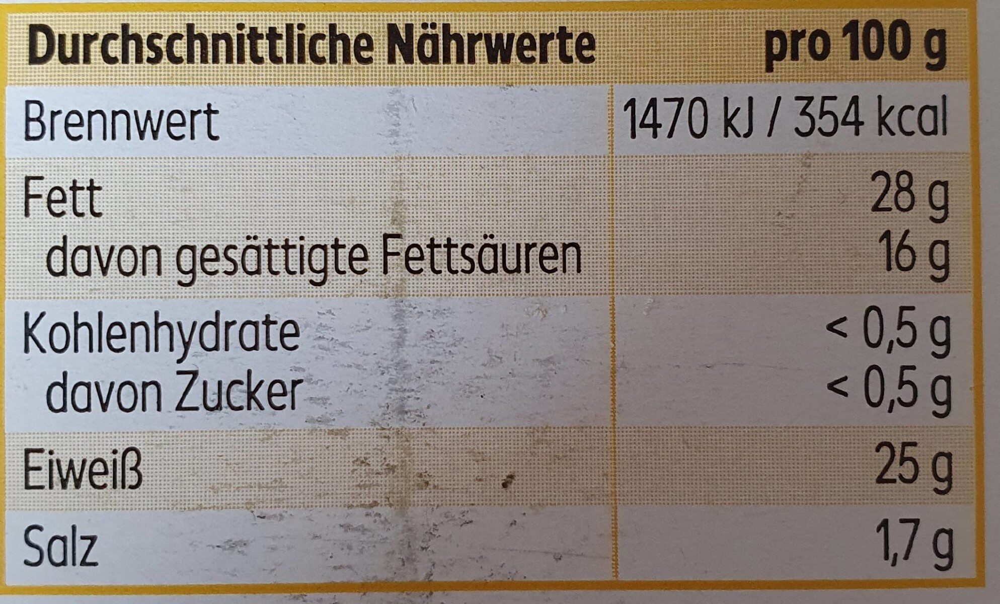 Butterkäse in Scheiben (mild) - Nährwertangaben