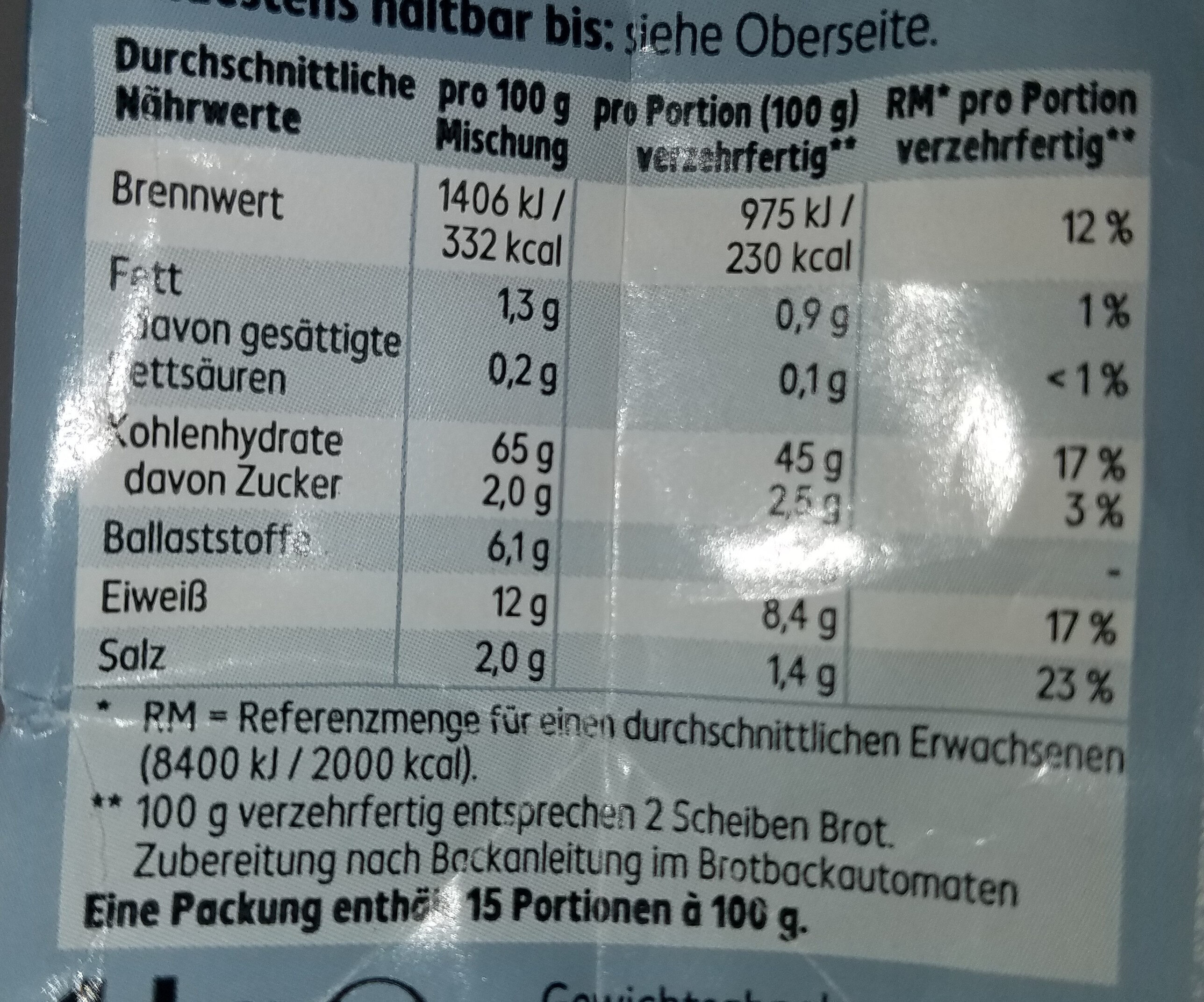 Backmischung - Bauernbrot (verzehrfertig) - Nutrition facts - de