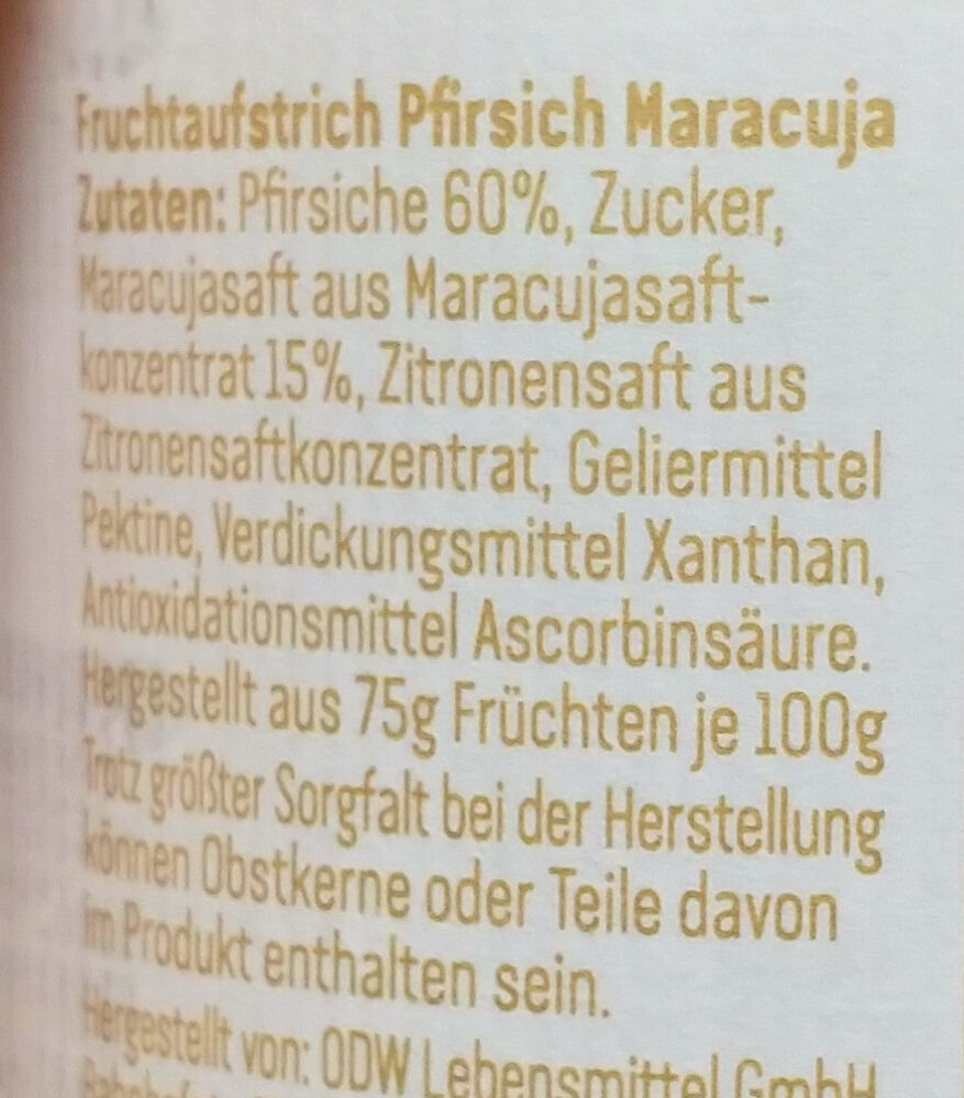 Rewe Fruchtaufstrich, Pfirsich Maracuja - Ingrédients - de