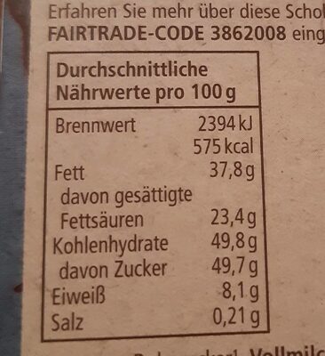 Schweizer Edelvollmich Schokolade - Näringsfakta - de