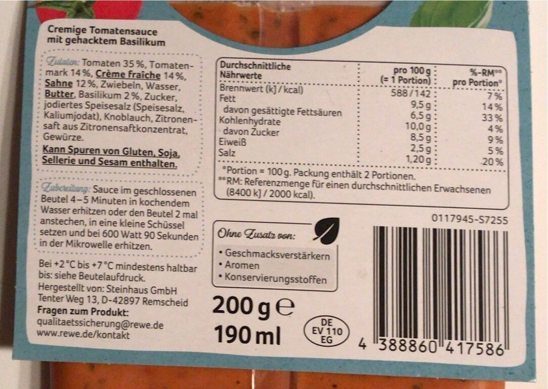 Tomaten-Basilikum Pasta-Sauce - Nutrition facts