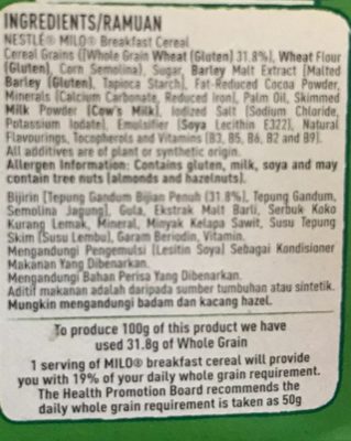 Nestle Milo Breakfast Cereal Chocolate Malt Flavoured 25 G. - Ingrédients