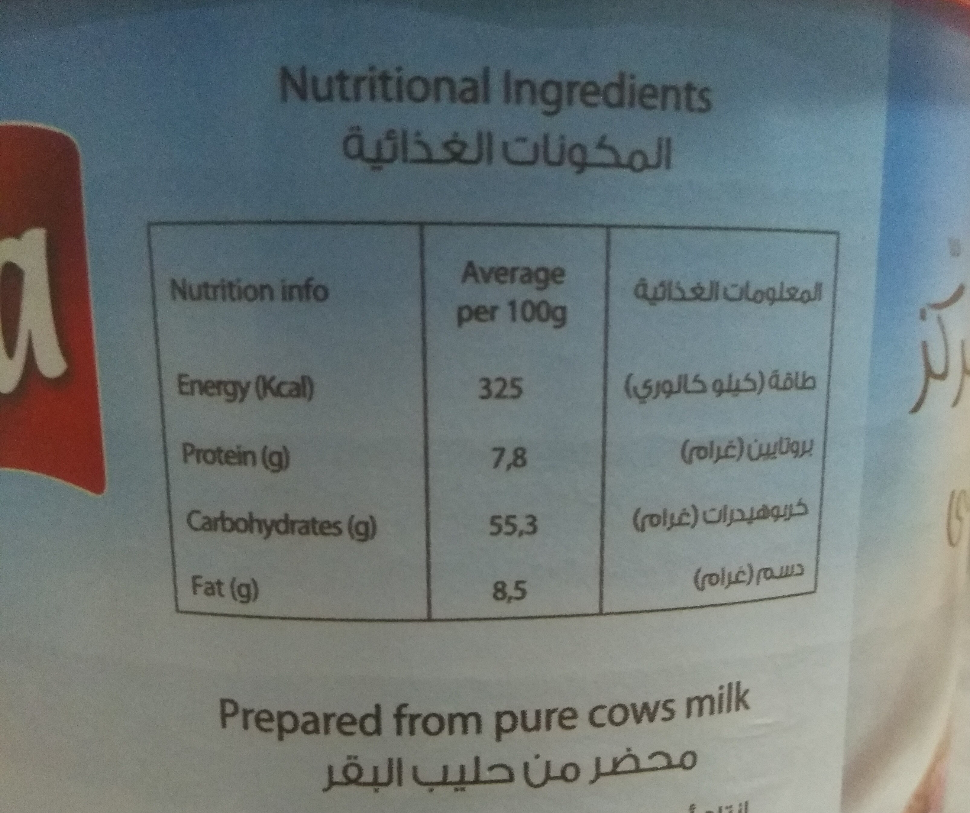 lait concentré sucré - Tableau nutritionnel