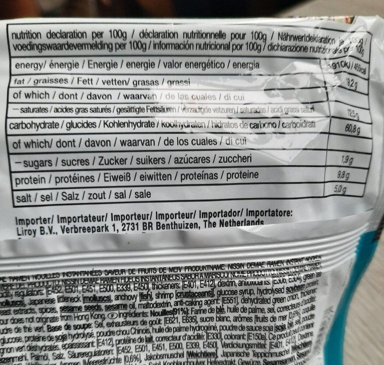 Ramens Noodle Seafood Flavour 100G - Tableau nutritionnel
