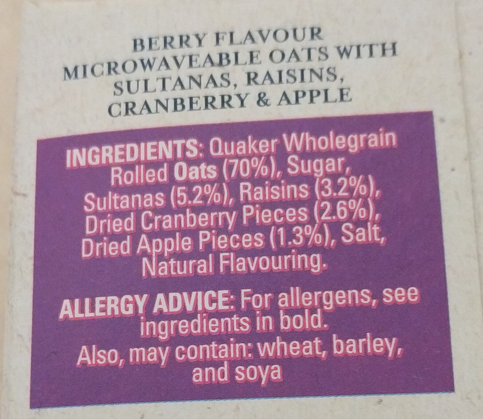 Quaker Oats So Simple Sultana Raisin C / Berry&apl 385G - Ingredients