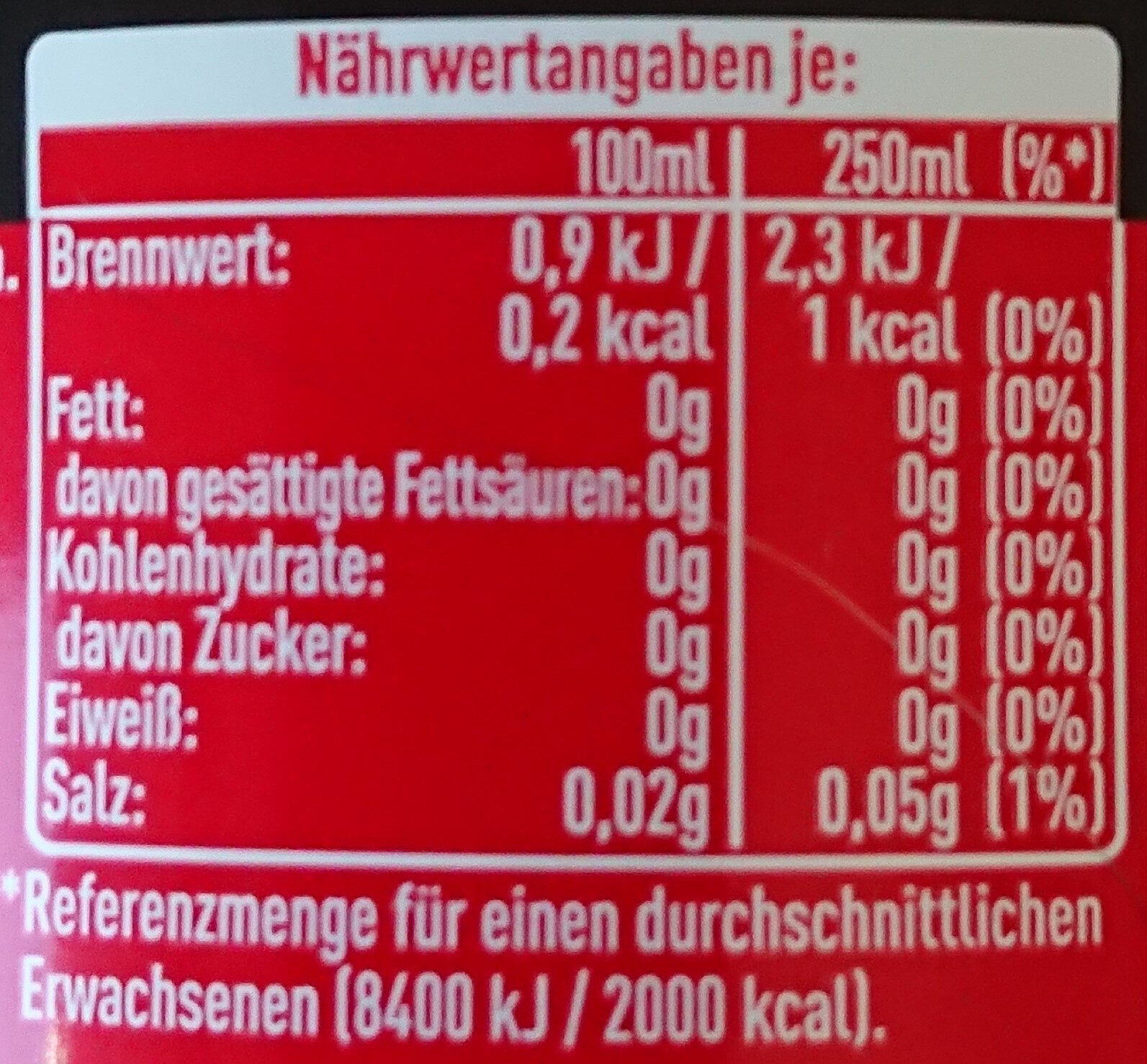 Cola Zero - Nährwertangaben