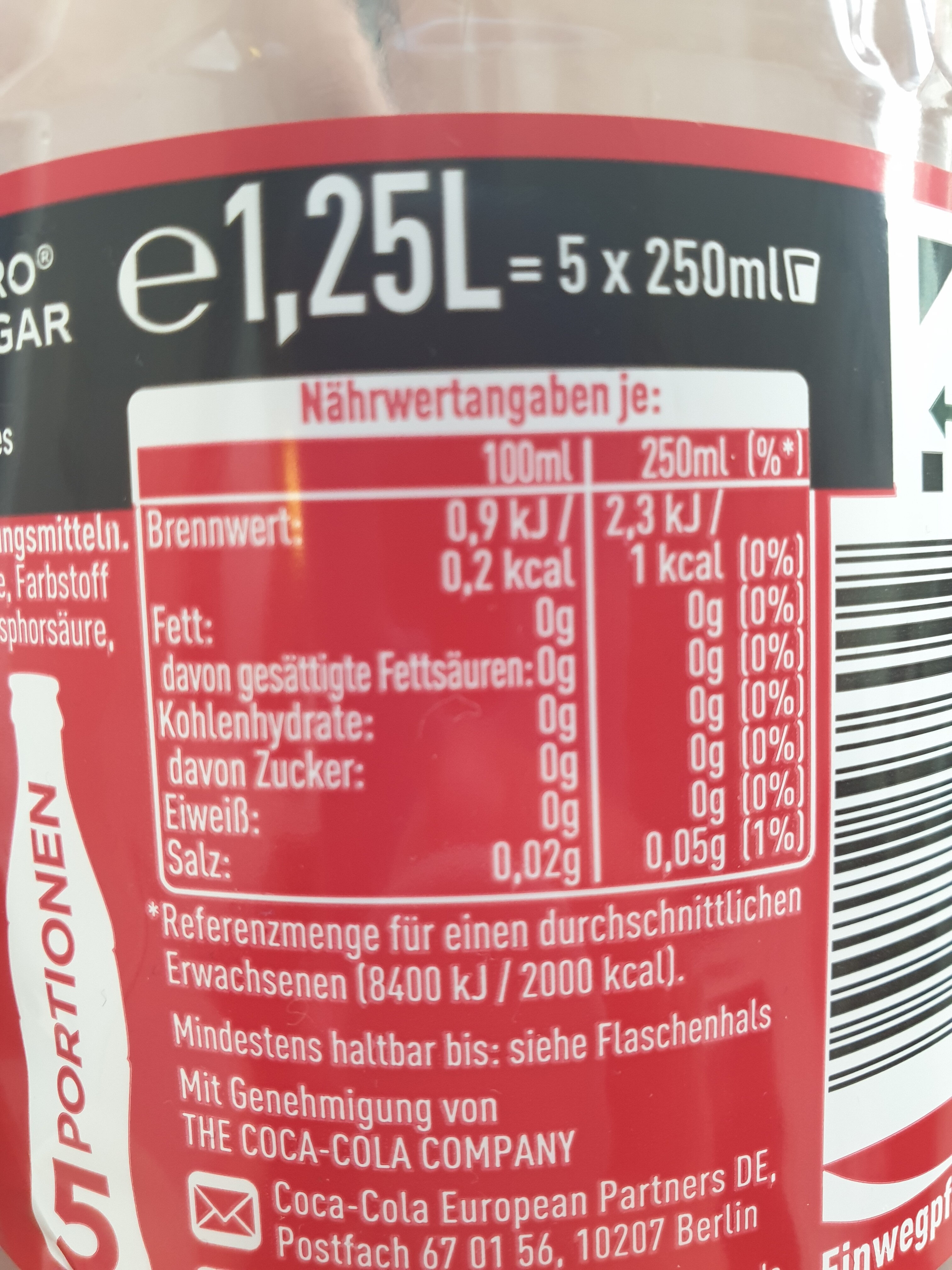 Coca-Cola® Sans sucres Sans colorants - Nährwertangaben