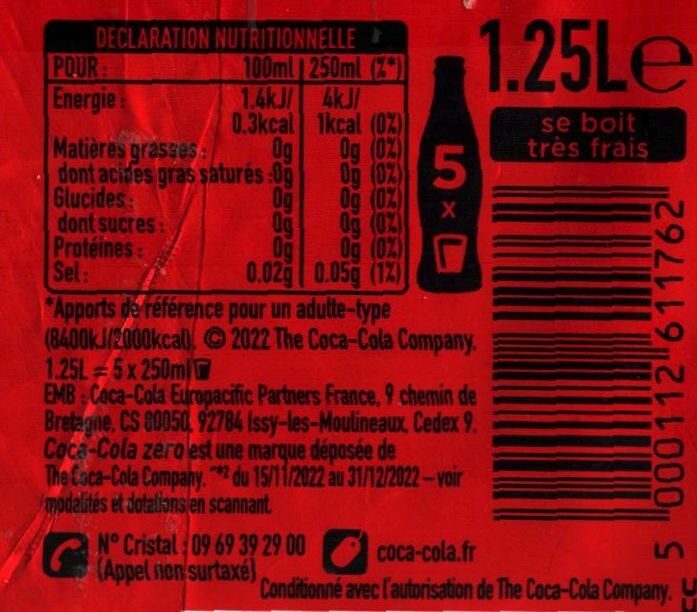 Coca-Cola® Sans sucres Sans colorants - Tableau nutritionnel