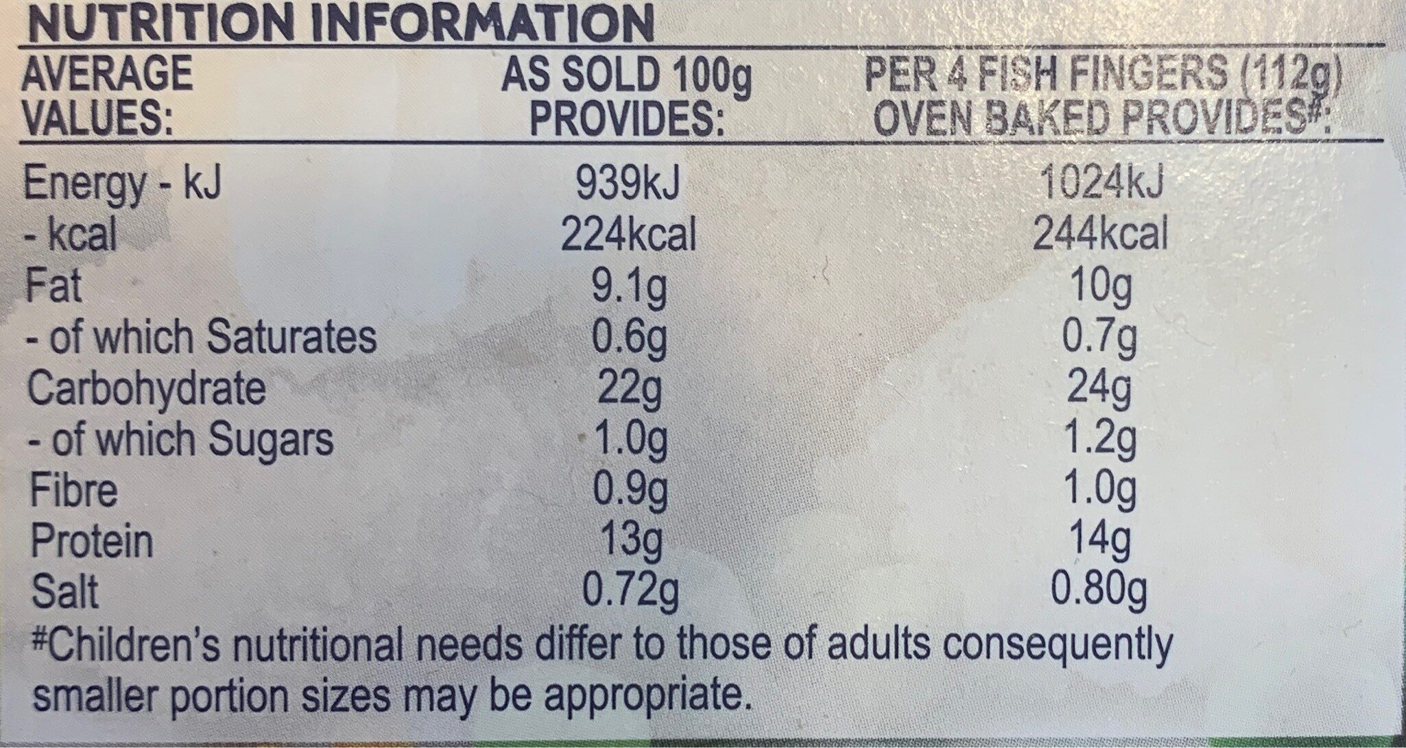 Cod Fish Fingers - Nutrition facts