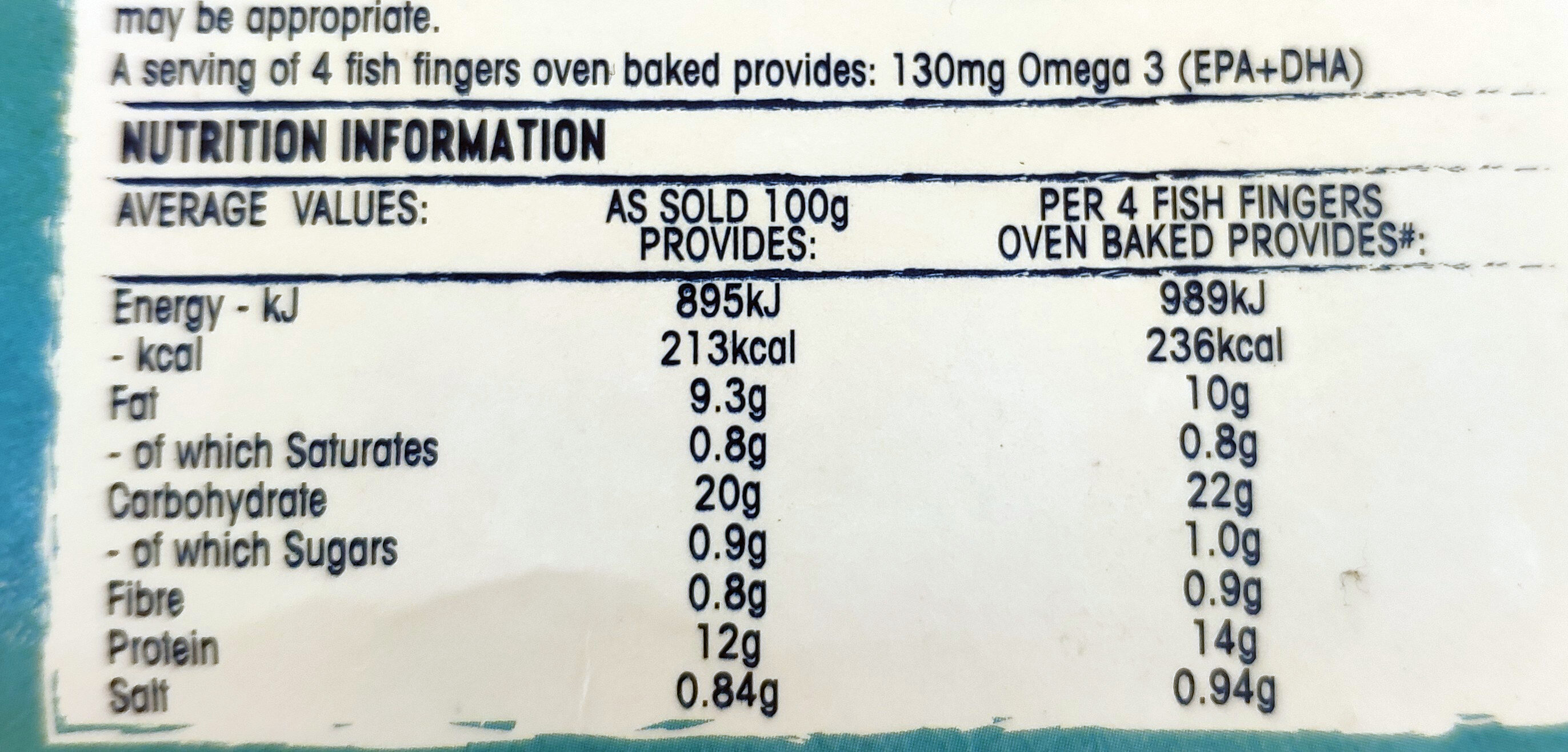 Omega 3 Fish Fingers - Información nutricional - en