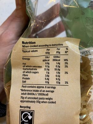 Tesco Whole Wheat Fusilli Pasta - Nutrition facts - en