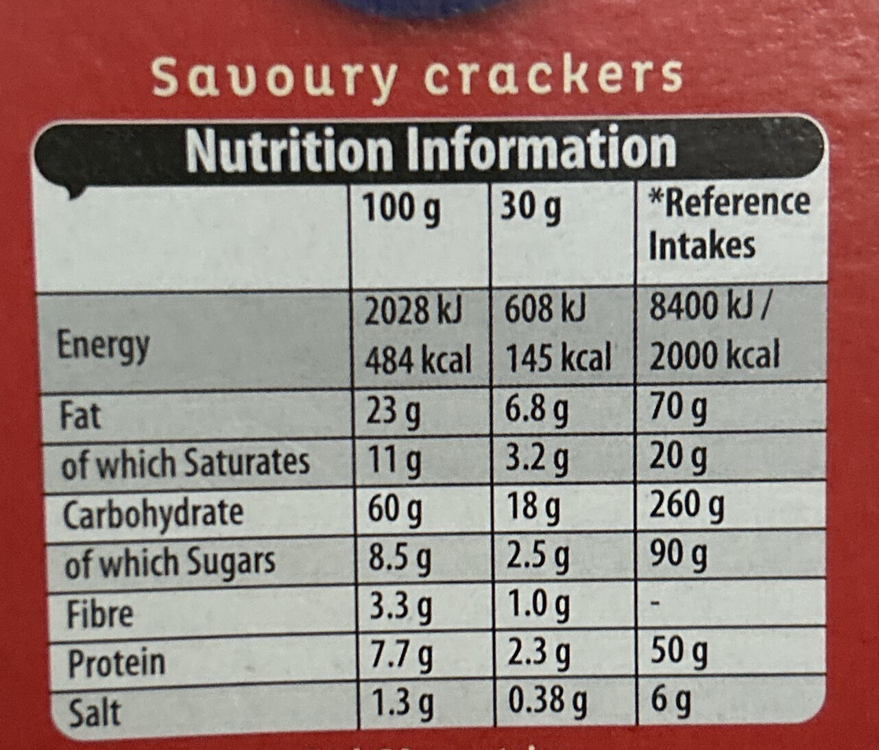 The Original Cracker - Nutrition facts