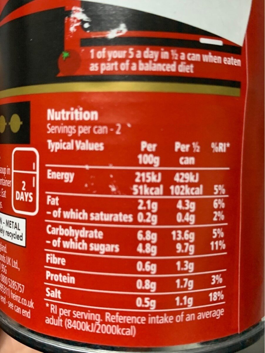 Sopa de tomate - Información nutricional
