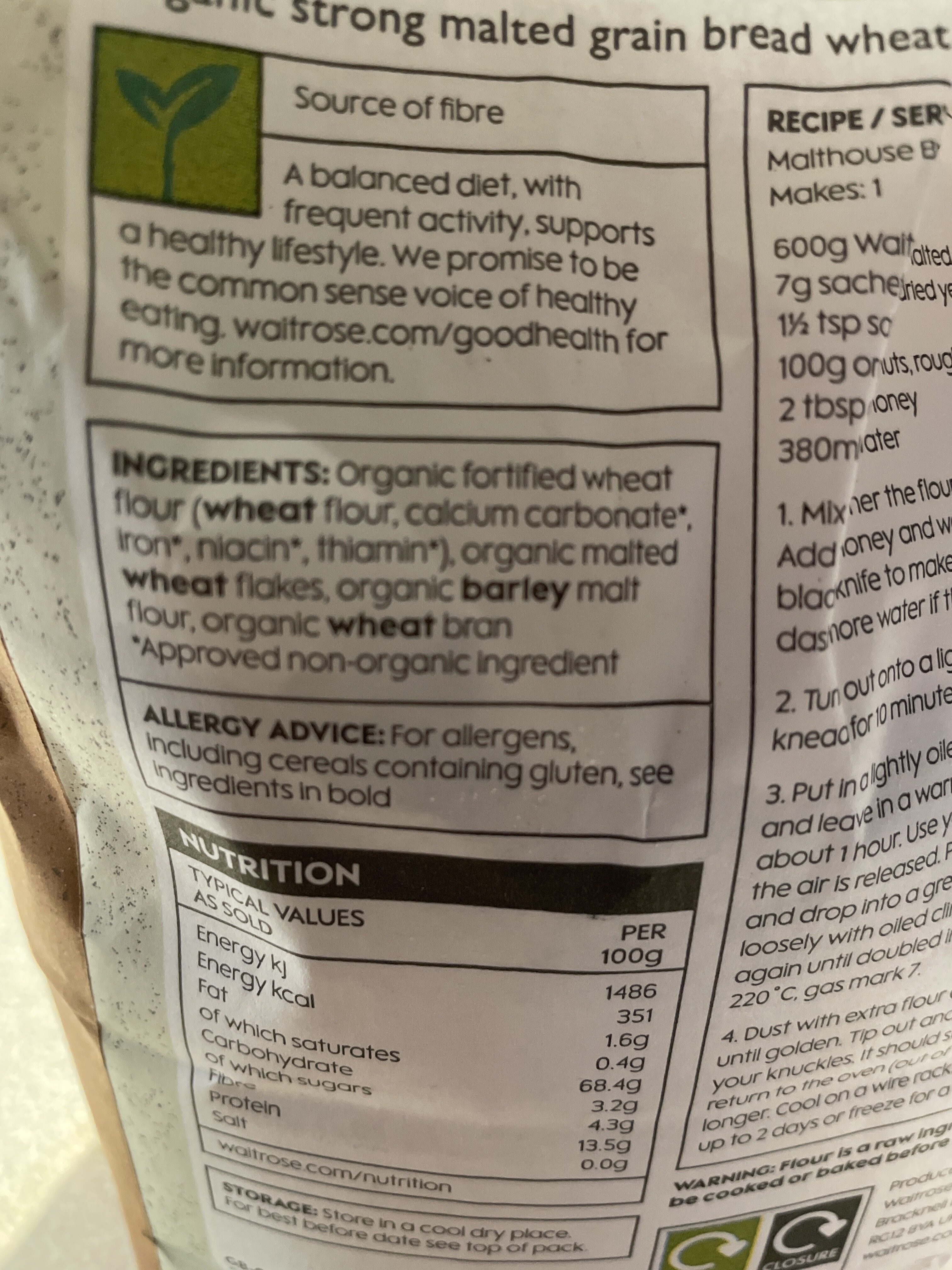 Duchy Organic Strong Malted Grain Bread Wheat Flour - Ingredients