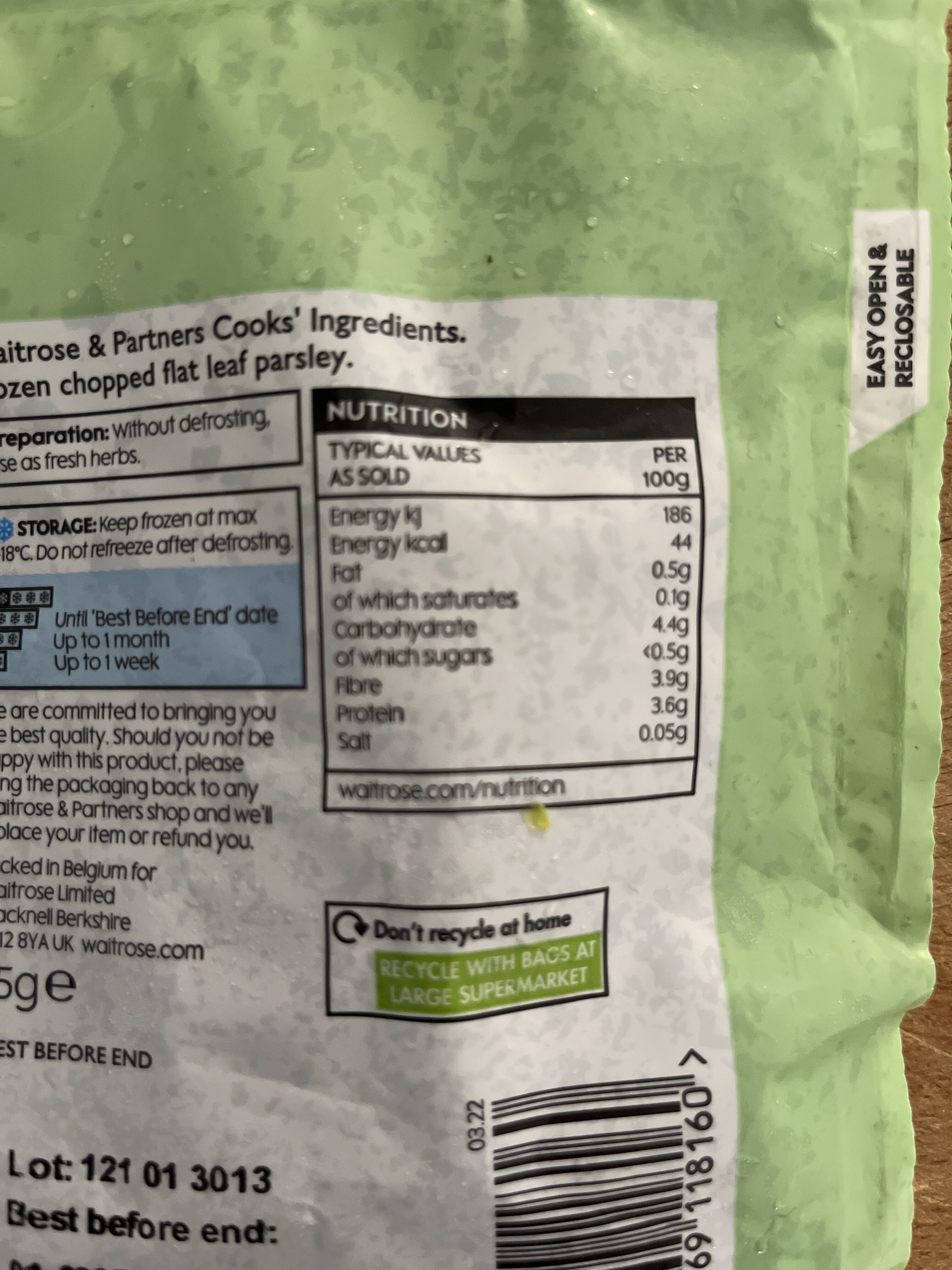 Frozen Parsely - Nutrition facts