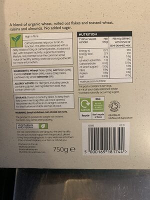 Waitrose Duchy Organic Muesli With Raisins & Almonds - Nutrition facts