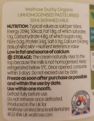 Organic semi skimmed milk - المكونات - en