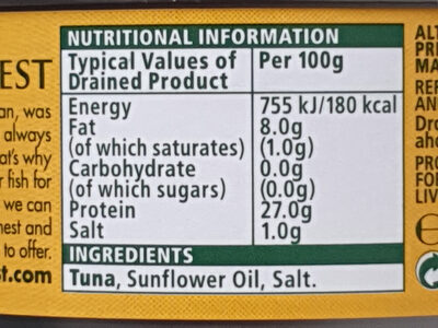 Tuna Chunks in Sunflower Oil - Voedingswaarden - en