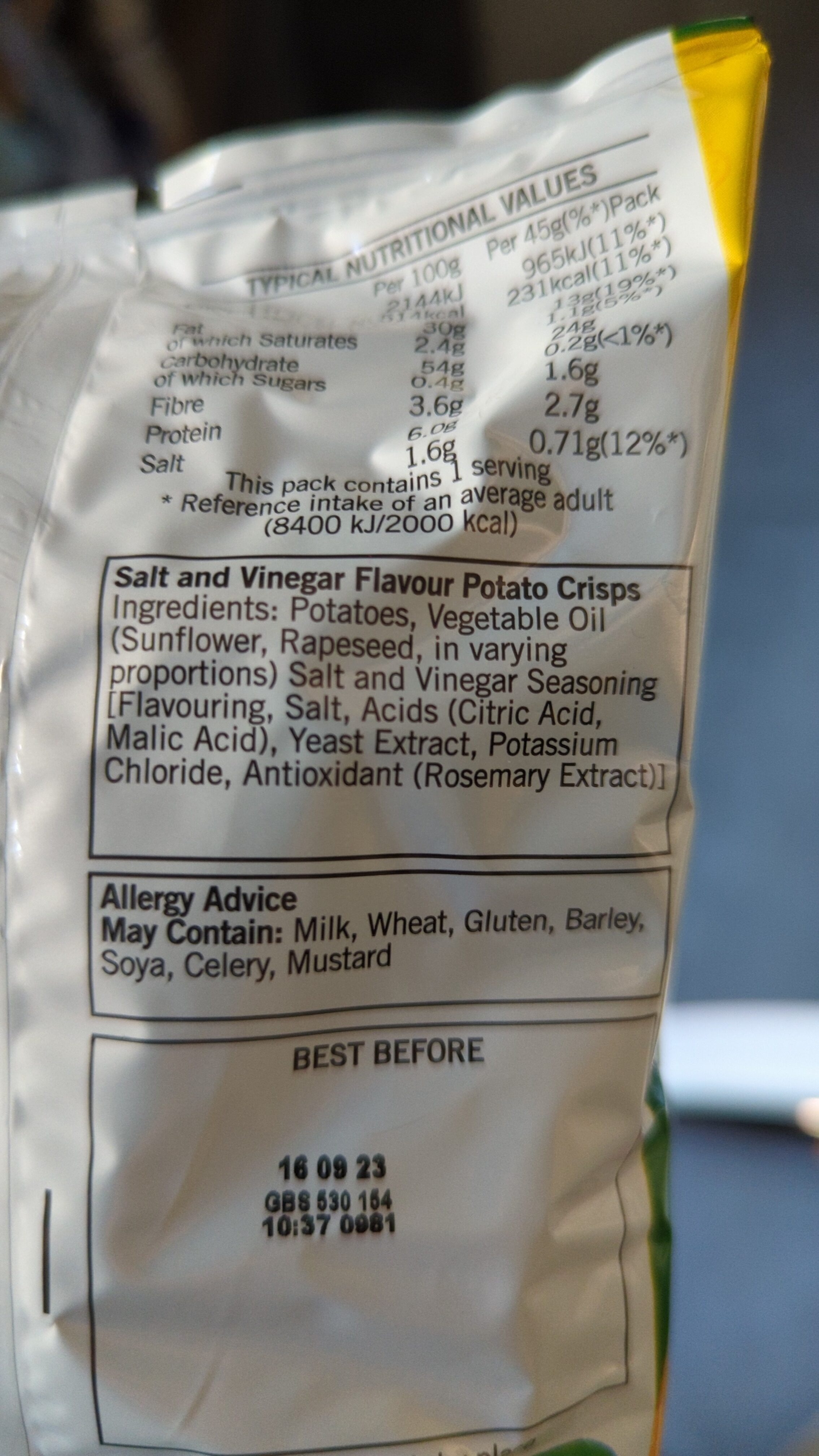 Seriously Salt and Vinegar Crisps - Ingredienti - en