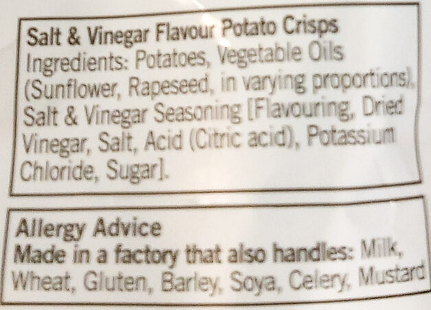 Salt & Vinegar Crisps - Ingredients