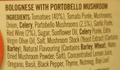 Loyd Grossman Bolognese Portobello Mushroom 425G - Ingredients