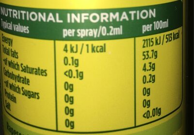 Mild and light rapeseed oil cooking spray - Nutrition facts