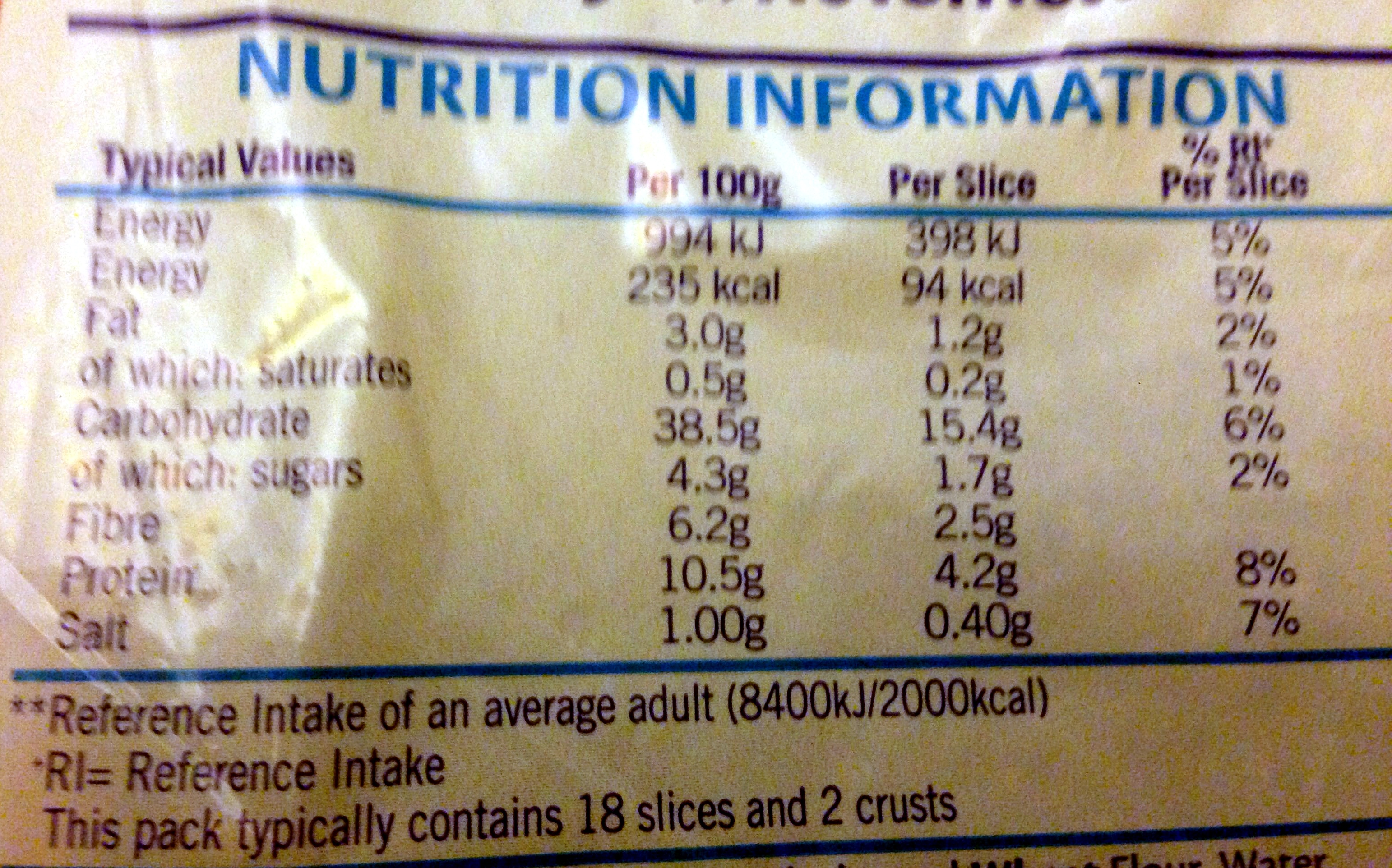 Tasty Wholemeal Bread - Kingsmill - 800G - Nutrition facts