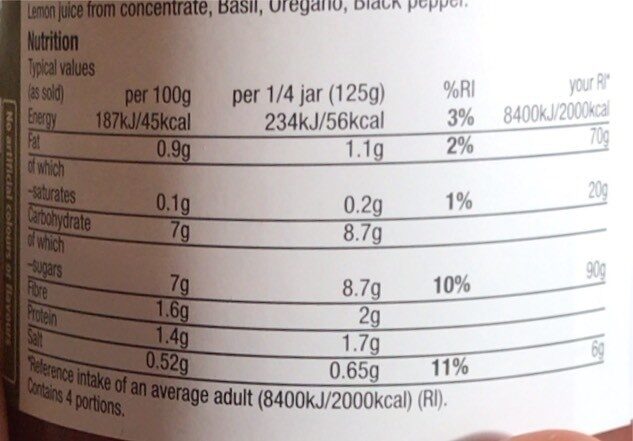 Vegetable pasta sauce - Nutrition facts
