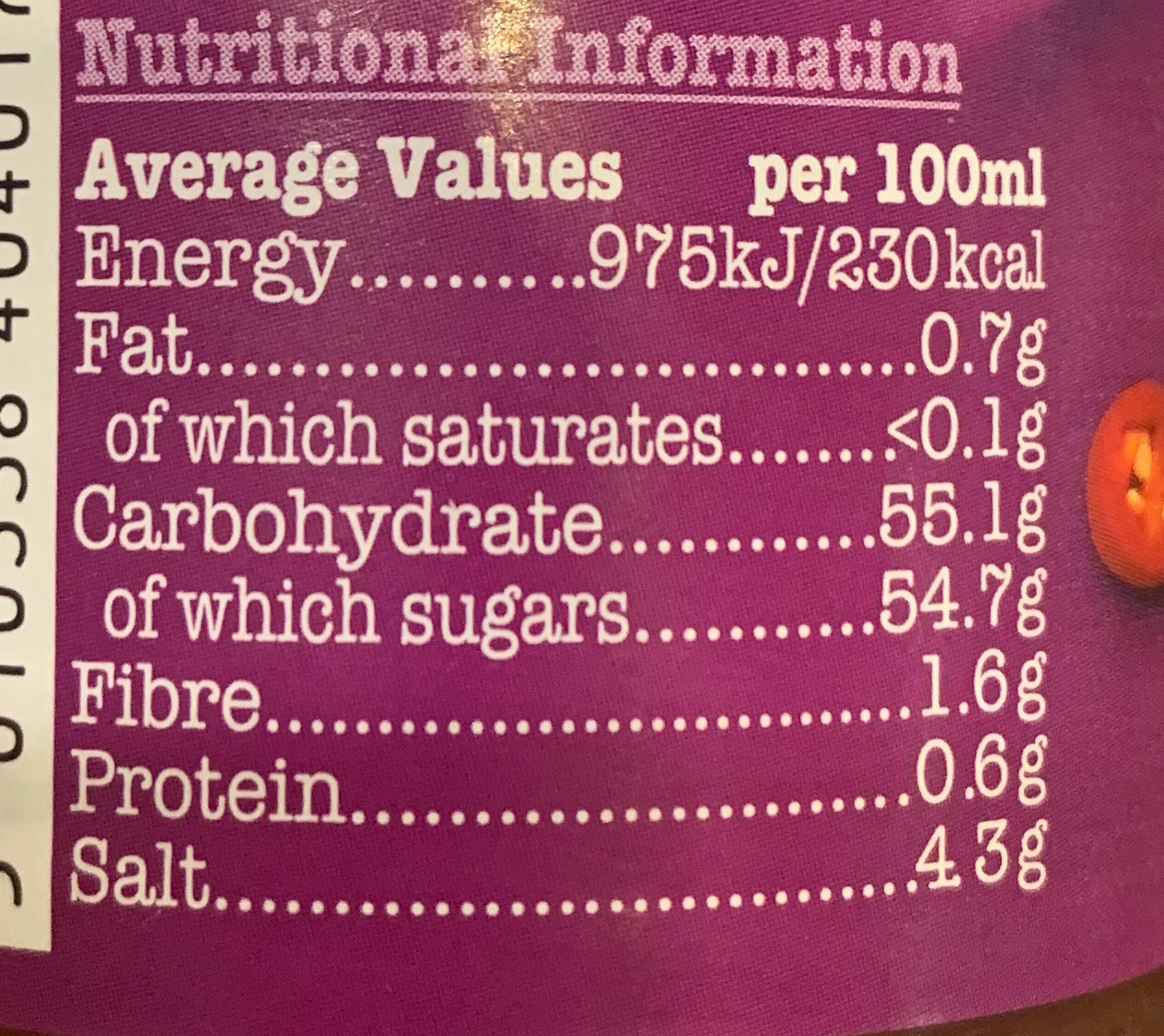 sweet chilli sauce - Nutrition facts