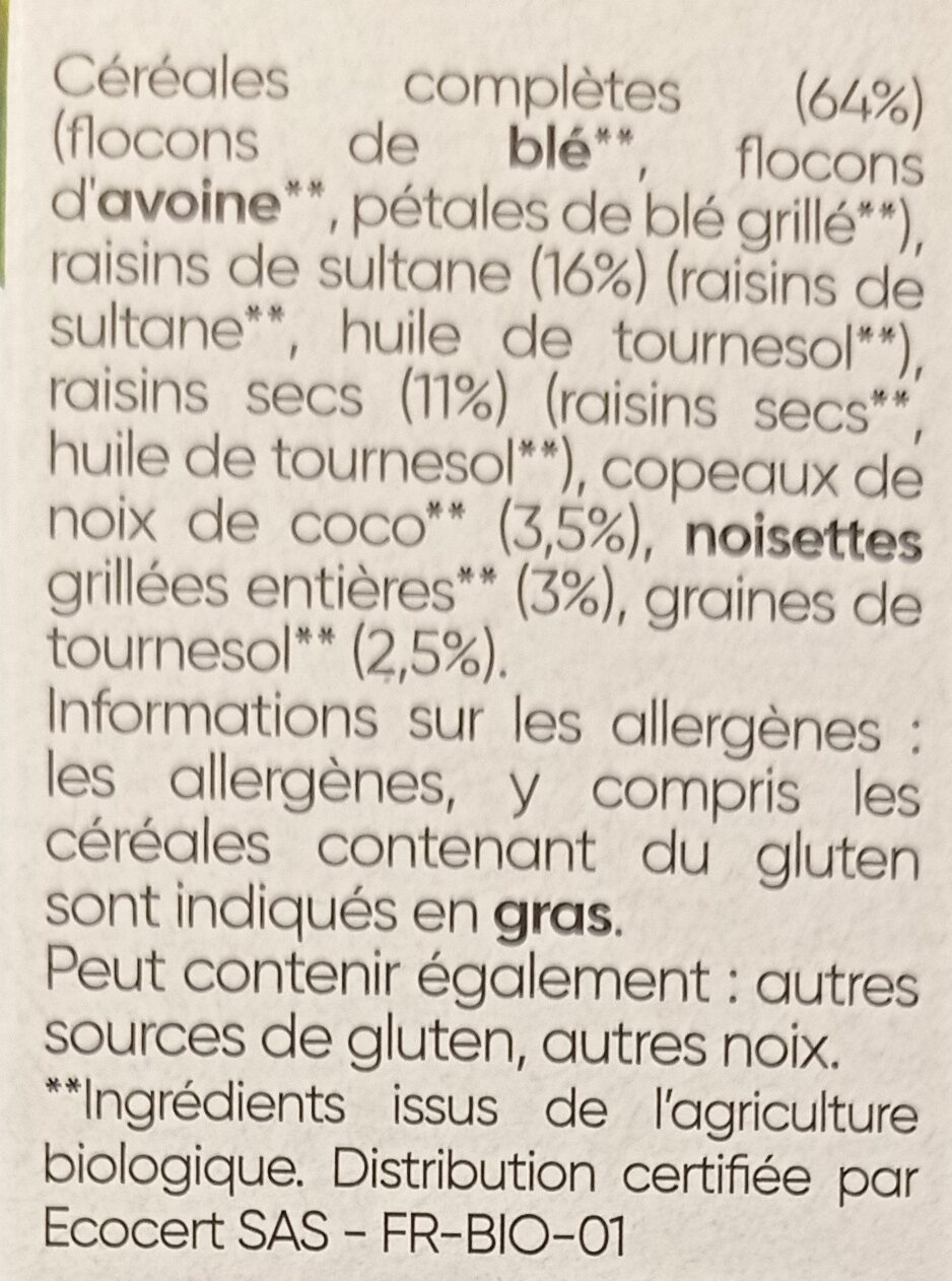 Muesli bio 36% fruits, noix & graines - Ingredients - fr