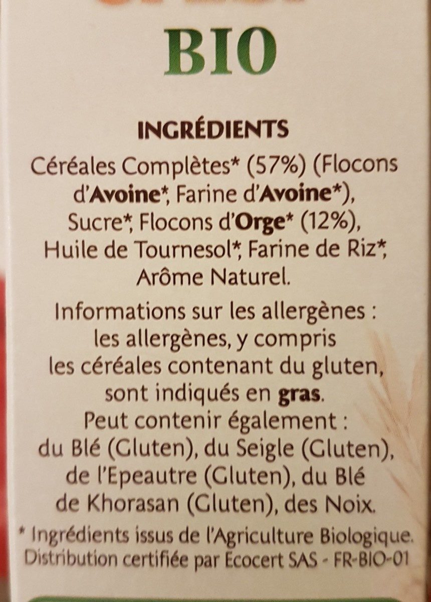 Country Crisp Bio -  Avoine & orge dorée - Ingredientes - fr