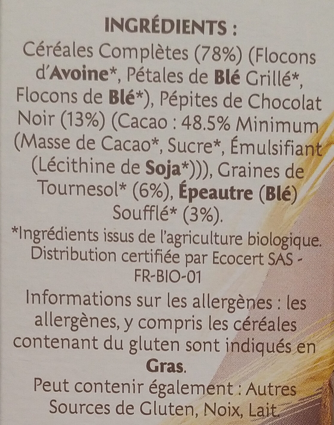 Muesli bio chocolat noir - Ingredients - fr