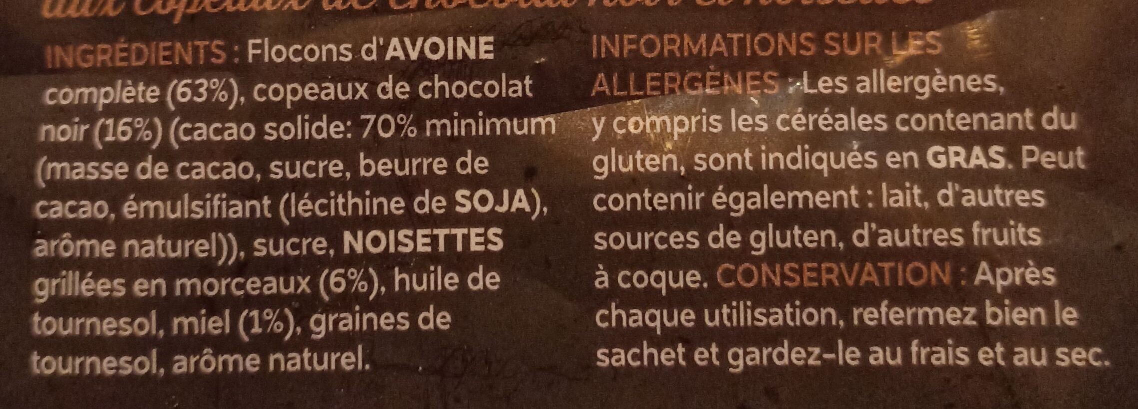 Granola chocolate and hazelnut - Ingredientes - fr