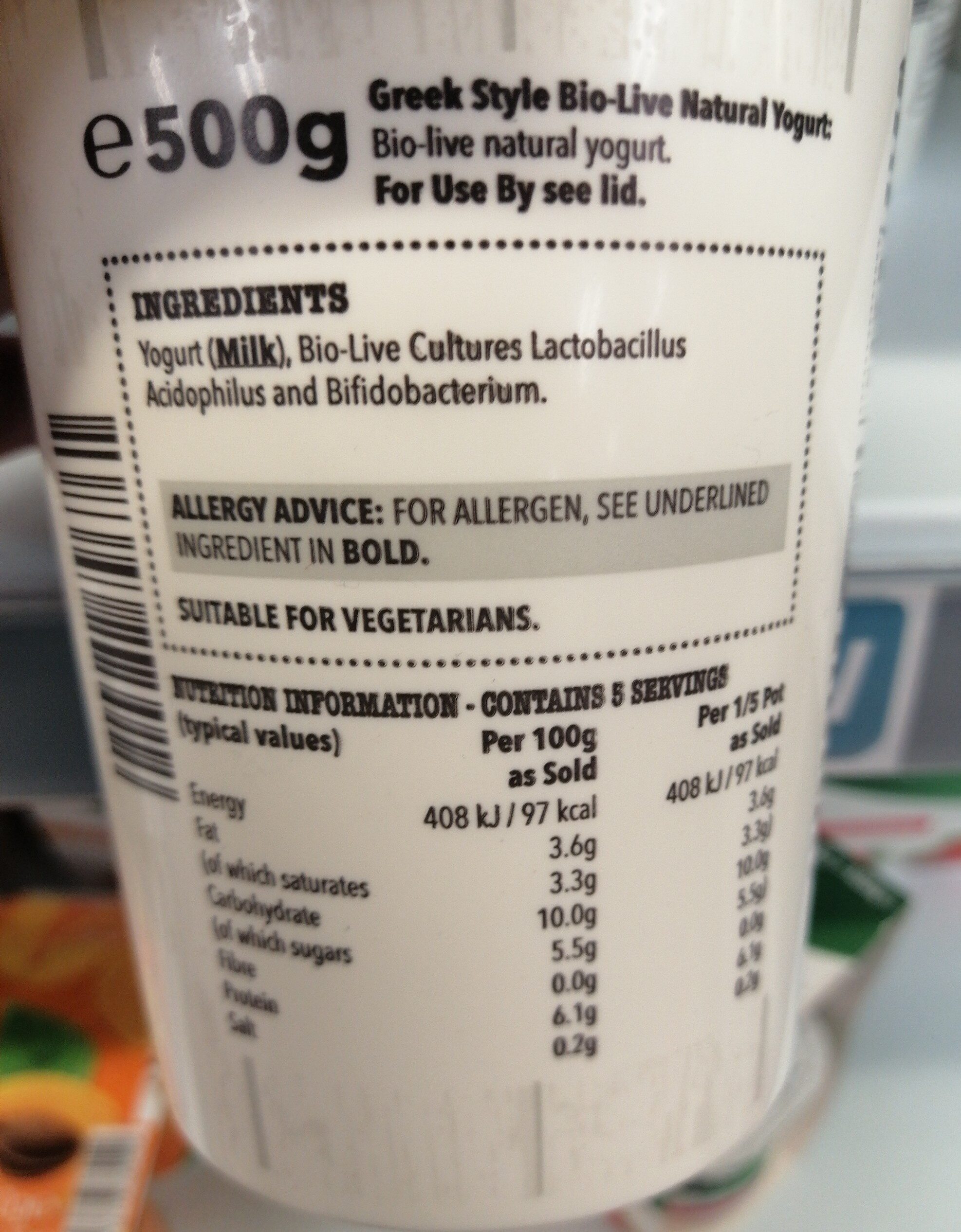 Greek Style Natural Yogurt - Ingredients