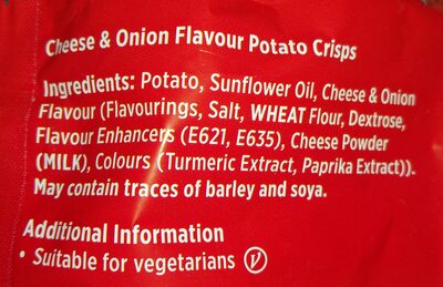 Cheese & Onion Flavour Potato Crisps 6 x - Ingredients