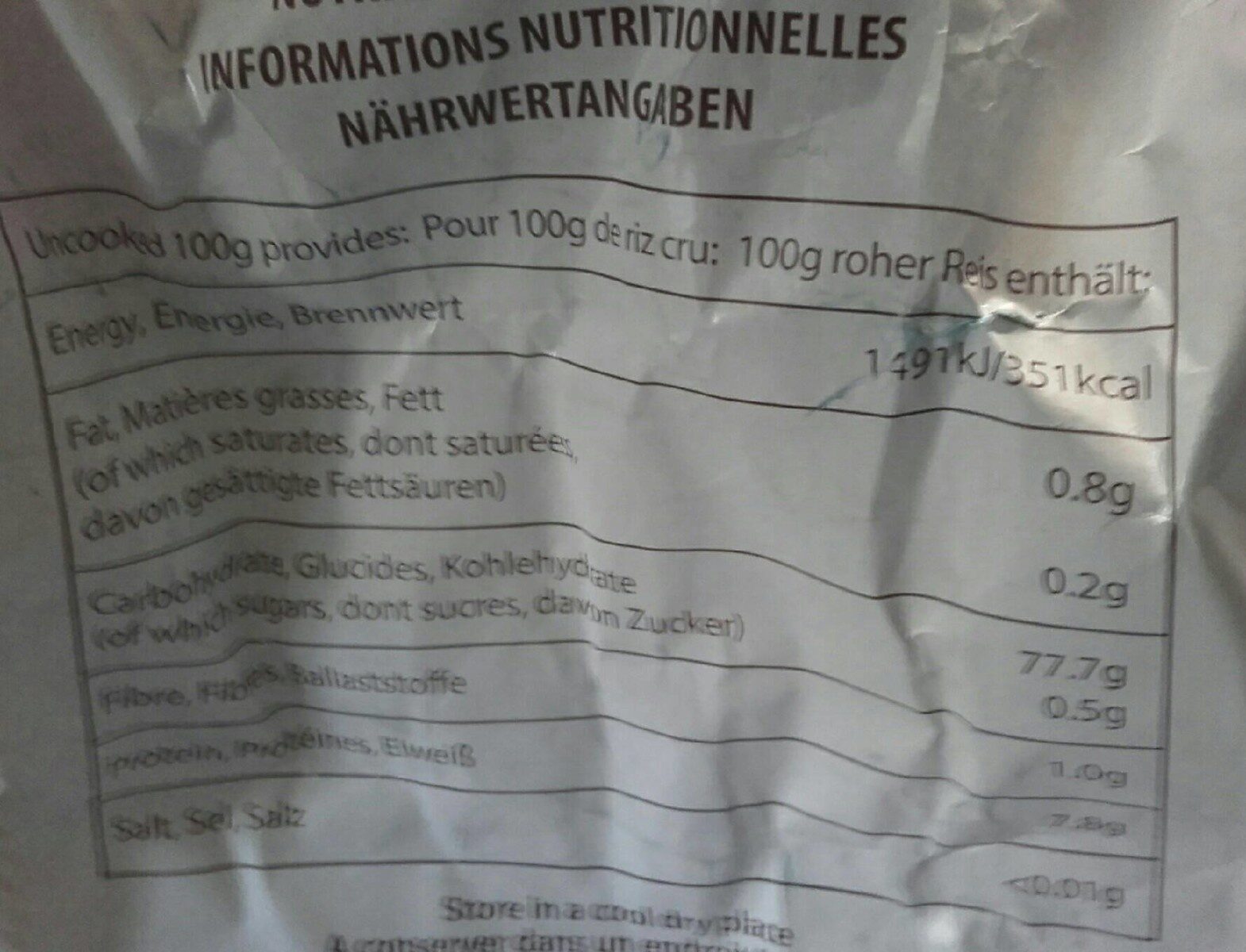 20 kg Superior Basmati Reis - Tableau nutritionnel